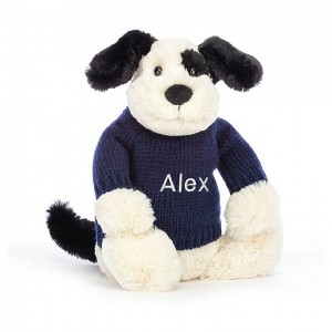 MEDIUM Jellycat Bashful Black & Cream Puppy with Personalised Navy Jumper 31 CM X 12 CM, Jellycat USA | IR7924058