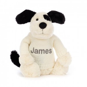 MEDIUM Jellycat Bashful Black & Cream Puppy with Personalised Cream Jumper 31 CM X 12 CM, Jellycat USA | YV6530197