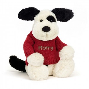 MEDIUM Jellycat Bashful Black & Cream Puppy with Personalised Red Jumper 31 CM X 12 CM, Jellycat USA | VW3571896