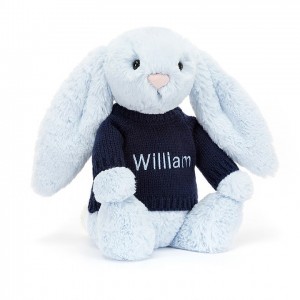 MEDIUM Jellycat Bashful Blue Bunny with Personalised Navy Jumper 31 CM X 12 CM, Jellycat USA | WQ9571643