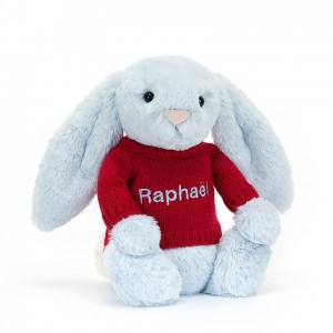 MEDIUM Jellycat Bashful Blue Bunny with Personalised Red Jumper 31 CM X 12 CM, Jellycat USA | XN4078193