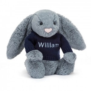 MEDIUM Jellycat Bashful Dusky Blue Bunny with Personalised Navy Jumper 31 CM X 12 CM, Jellycat USA | PT8071629