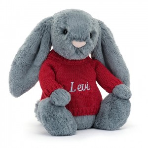 MEDIUM Jellycat Bashful Dusky Blue Bunny with Personalised Red Jumper 31 CM X 12 CM, Jellycat USA | JT5829036