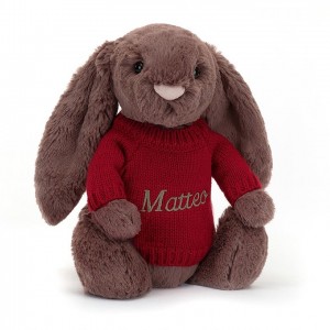 MEDIUM Jellycat Bashful Fudge Bunny with Personalised Red Jumper 31 CM X 12 CM, Jellycat USA | IQ8794150