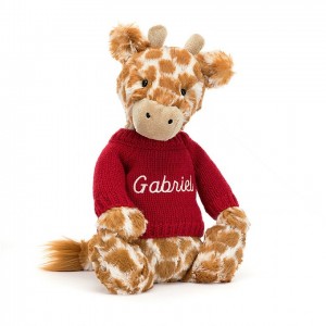 MEDIUM Jellycat Bashful Giraffe with Personalised Red Jumper 31 CM X 12 CM, Jellycat USA | KN7316284