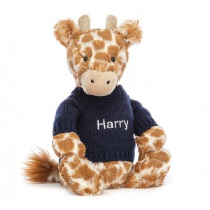 MEDIUM Jellycat Bashful Giraffe with Personalised Navy Jumper 31 CM X 12 CM, Jellycat USA | QA5769124