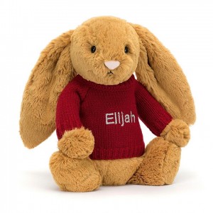 MEDIUM Jellycat Bashful Golden Bunny with Personalised Red Jumper 31 CM X 12 CM, Jellycat USA | OF6128497