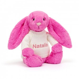 MEDIUM Jellycat Bashful Hot Pink Bunny with Personalised Cream Jumper 31 CM X 12 CM, Jellycat USA | TJ3154096