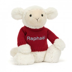 MEDIUM Jellycat Bashful Lamb with Personalied Red Jumper 31 CM X 12 CM, Jellycat USA | PW8473162