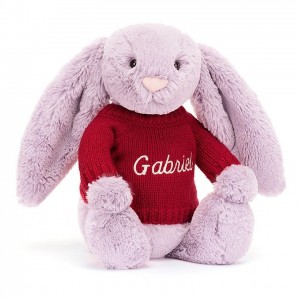 MEDIUM Jellycat Bashful Lilac Bunny with Personalised Red Jumper 31 CM X 12 CM, Jellycat USA | OJ6139742