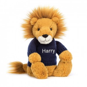 MEDIUM Jellycat Bashful Lion with Personalised Navy Jumper 31 CM X 12 CM, Jellycat USA | OR9528041