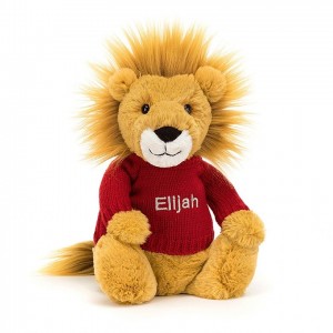 MEDIUM Jellycat Bashful Lion with Personalised Red Jumper 31 CM X 12 CM, Jellycat USA | ZX8601574