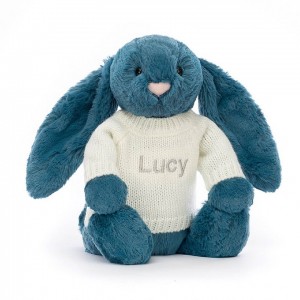 MEDIUM Jellycat Bashful Mineral Blue Bunny with Personalised Cream Jumper 31 CM X 12 CM, Jellycat USA | MZ6943085