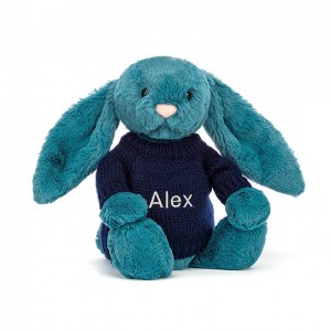 MEDIUM Jellycat Bashful Mineral Blue Bunny with Personalised Navy Jumper 31 CM X 12 CM, Jellycat USA | EV2105894