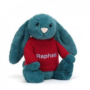 MEDIUM Jellycat Bashful Mineral Blue Bunny with Personalised Red Jumper 31 CM X 12 CM, Jellycat USA | TE9168743