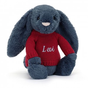 MEDIUM Jellycat Bashful Navy Bunny with Personalised Red Jumper 31 CM X 12 CM, Jellycat USA | HF5497208