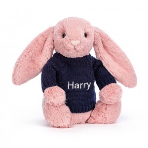 MEDIUM Jellycat Bashful Petal Bunny with Personalised Navy Jumper 31 CM X 12 CM, Jellycat USA | OY9803624