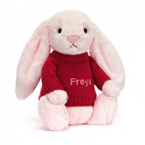 MEDIUM Jellycat Bashful Pink Bunny with Personalised Red Jumper 31 CM X 12 CM, Jellycat USA | IJ5842130