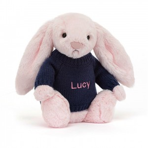 MEDIUM Jellycat Bashful Pink Bunny with Personalised Navy Jumper 31 CM X 12 CM, Jellycat USA | GU4538129