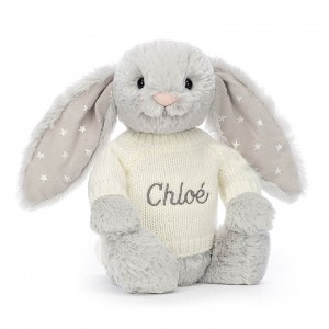 MEDIUM Jellycat Bashful Shimmer Bunny with Personalised Cream Jumper 31 CM X 12 CM, Jellycat USA | MD9348625