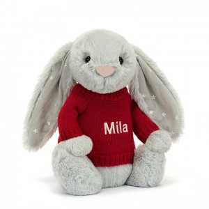 MEDIUM Jellycat Bashful Shimmer Bunny with Personalised Red Jumper 31 CM X 12 CM, Jellycat USA | KG2467391