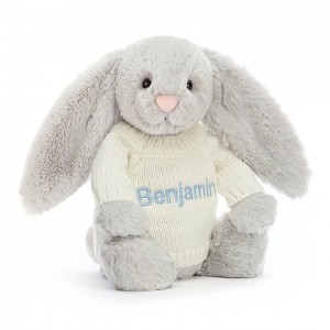 MEDIUM Jellycat Bashful Silver Bunny with Personalised Cream Jumper 31 CM X 12 CM, Jellycat USA | SQ6792541