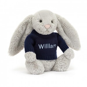 MEDIUM Jellycat Bashful Silver Bunny with Personalised Navy Jumper 31 CM X 12 CM, Jellycat USA | RK6423187