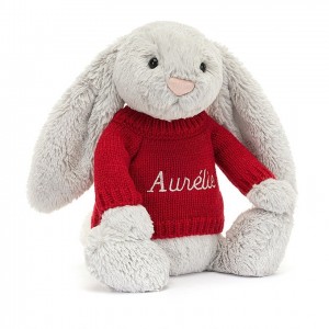 MEDIUM Jellycat Bashful Silver Bunny with Personalised Red Jumper 31 CM X 12 CM, Jellycat USA | MZ7825304