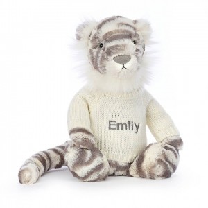 MEDIUM Jellycat Bashful Snow Tiger with Personalised Cream Jumper 31 CM X 12 CM, Jellycat USA | QI7065438