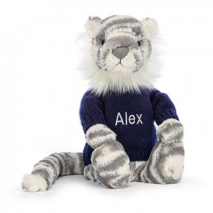 MEDIUM Jellycat Bashful Snow Tiger with Personalised Navy Jumper 31 CM X 12 CM, Jellycat USA | BK8591427