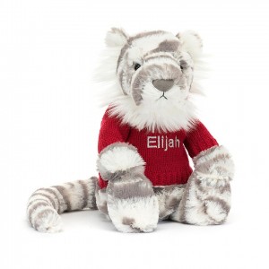 MEDIUM Jellycat Bashful Snow Tiger with Personalised Red Jumper 31 CM X 12 CM, Jellycat USA | WF1695072