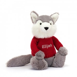 MEDIUM Jellycat Bashful Wolf with Personalised Red Jumper 31 CM X 12 CM, Jellycat USA | PH8710952