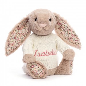 MEDIUM Jellycat Blossom Bea Beige Bunny with Personalised Cream Jumper 31 CM X 12 CM, Jellycat USA | YQ4870329