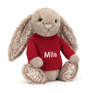 MEDIUM Jellycat Blossom Bea Beige Bunny with Personalised Red Jumper 31 CM X 12 CM, Jellycat USA | VX4081372