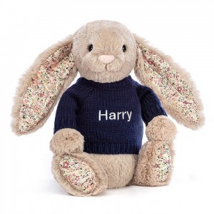 MEDIUM Jellycat Blossom Bea Beige Bunny with Personalised Navy Jumper 31 CM X 12 CM, Jellycat USA | WA6094278