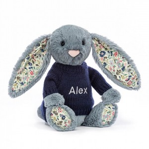 MEDIUM Jellycat Blossom Dusky Blue with Personalised Navy Jumper 31 CM X 12 CM, Jellycat USA | ZJ0867942