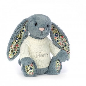 MEDIUM Jellycat Blossom Dusky Blue with Personalised Cream Jumper 31 CM X 12 CM, Jellycat USA | JQ4093685