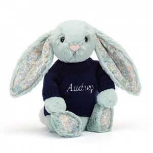 MEDIUM Jellycat Blossom Sage Bunny with Personalised Navy Jumper 31 CM X 12 CM, Jellycat USA | JE6012784