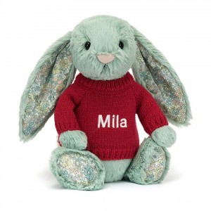 MEDIUM Jellycat Blossom Sage Bunny with Personalised Red Jumper 31 CM X 12 CM, Jellycat USA | OM5104782