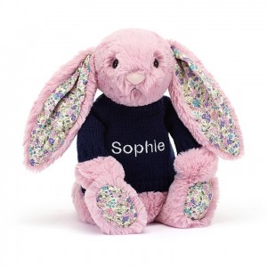 MEDIUM Jellycat Blossom Tulip Bunny with Personalised Navy Jumper 31 CM X 12 CM, Jellycat USA | KI8913642