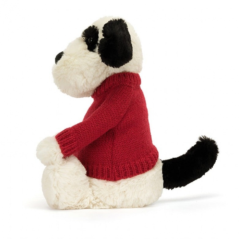 MEDIUM Jellycat Bashful Black & Cream Puppy with Personalised Red Jumper 31 CM X 12 CM, Jellycat USA | EY2916048