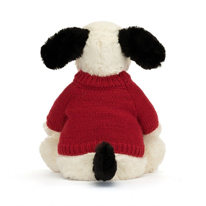 MEDIUM Jellycat Bashful Black & Cream Puppy with Personalised Red Jumper 31 CM X 12 CM, Jellycat USA | EY2916048