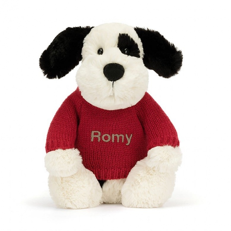 MEDIUM Jellycat Bashful Black & Cream Puppy with Personalised Red Jumper 31 CM X 12 CM, Jellycat USA | EY2916048