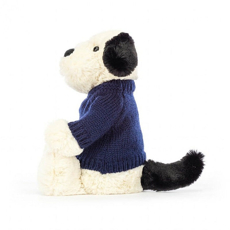 MEDIUM Jellycat Bashful Black & Cream Puppy with Personalised Navy Jumper 31 CM X 12 CM, Jellycat USA | IR7924058