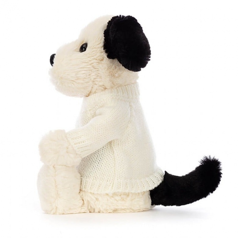 MEDIUM Jellycat Bashful Black & Cream Puppy with Personalised Cream Jumper 31 CM X 12 CM, Jellycat USA | AJ2317845