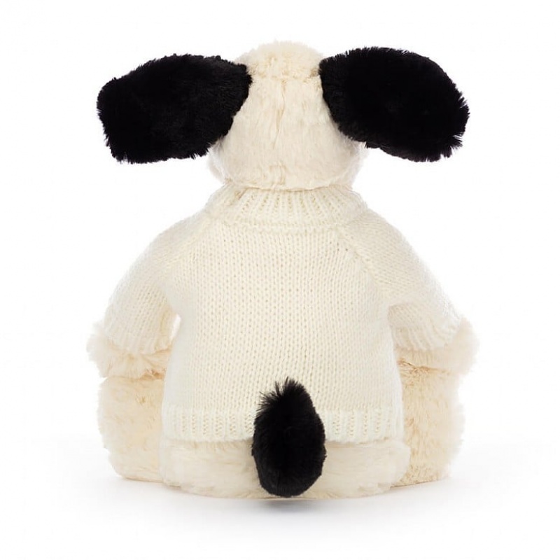 MEDIUM Jellycat Bashful Black & Cream Puppy with Personalised Cream Jumper 31 CM X 12 CM, Jellycat USA | AJ2317845