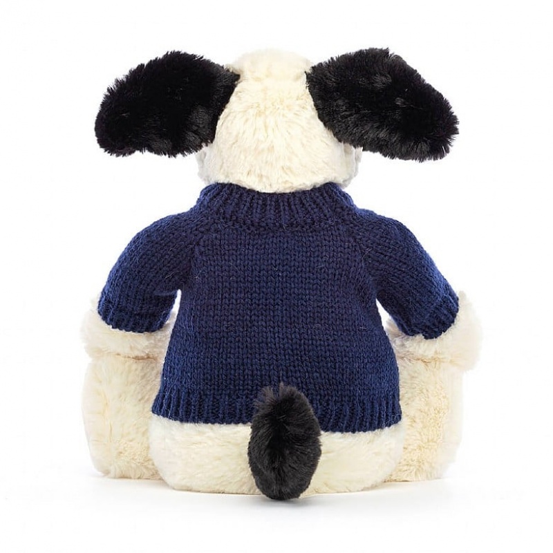 MEDIUM Jellycat Bashful Black & Cream Puppy with Personalised Navy Jumper 31 CM X 12 CM, Jellycat USA | LB6412950