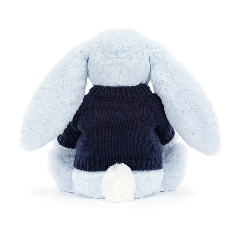 MEDIUM Jellycat Bashful Blue Bunny with Personalised Navy Jumper 31 CM X 12 CM, Jellycat USA | WQ9571643