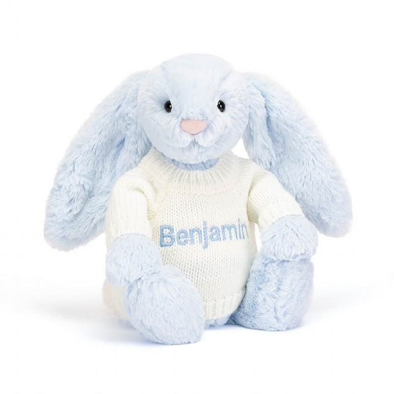 MEDIUM Jellycat Bashful Blue Bunny with Personalised Cream Jumper 31 CM X 12 CM, Jellycat USA | TO5364189