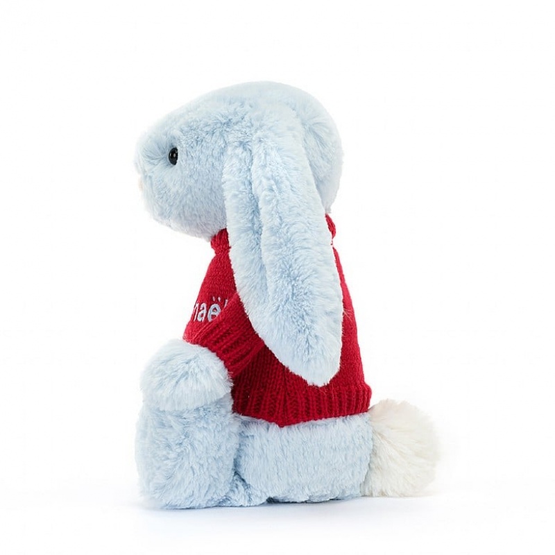 MEDIUM Jellycat Bashful Blue Bunny with Personalised Red Jumper 31 CM X 12 CM, Jellycat USA | XN4078193